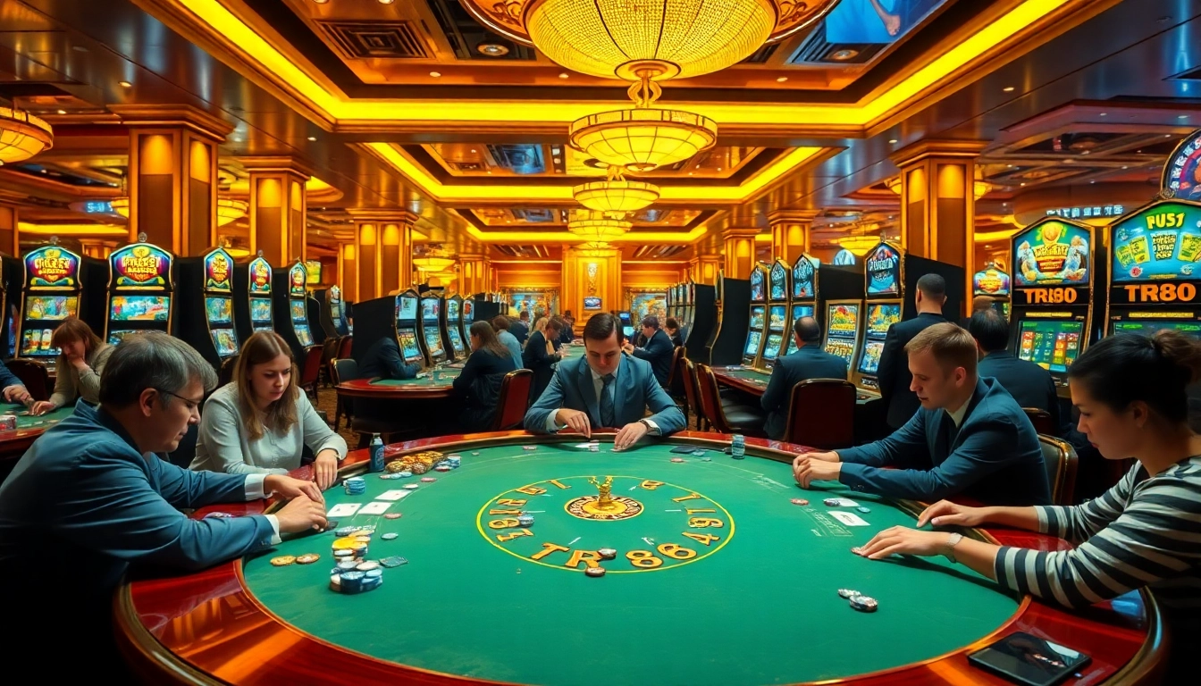 TR88 players strategizing at a luxurious casino table with vibrant colors and excitement.