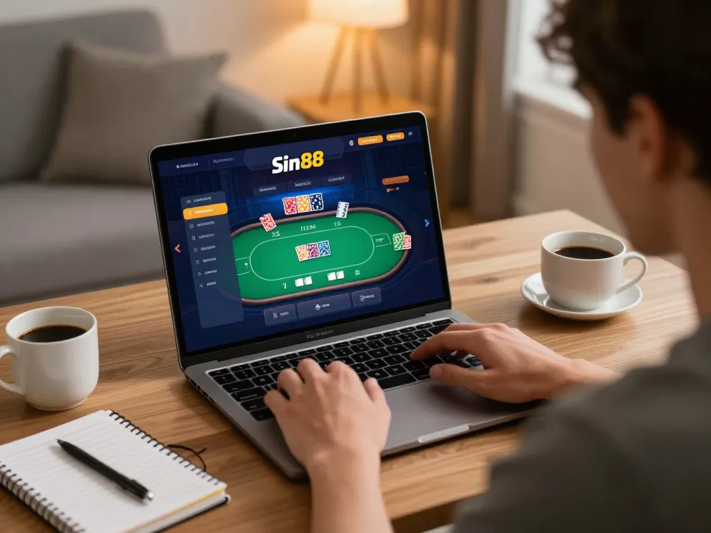 Experience online gaming at Sin88 with engaging poker action in a cozy home setting.