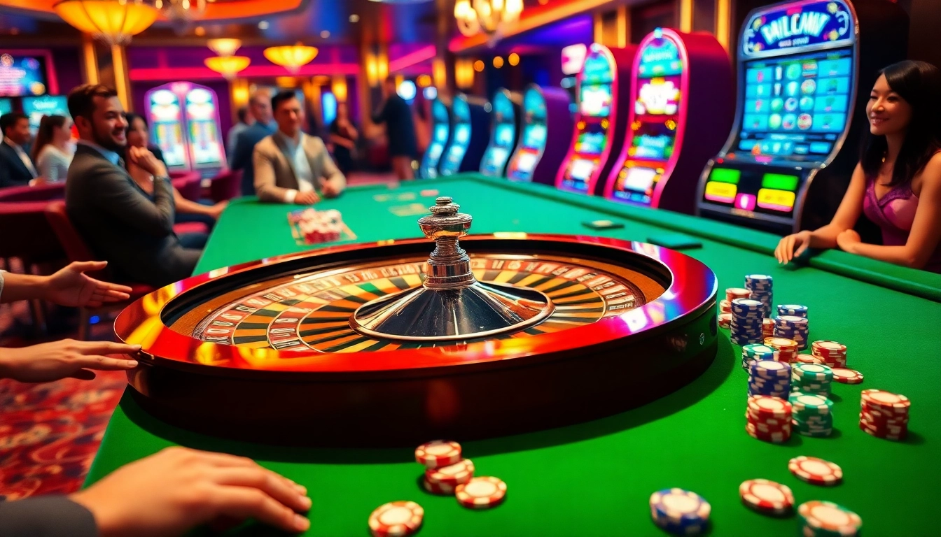 Engage in thrilling gameplay at https://go999.in.net/ with an exciting casino roulette scene filled with vibrant energy.
