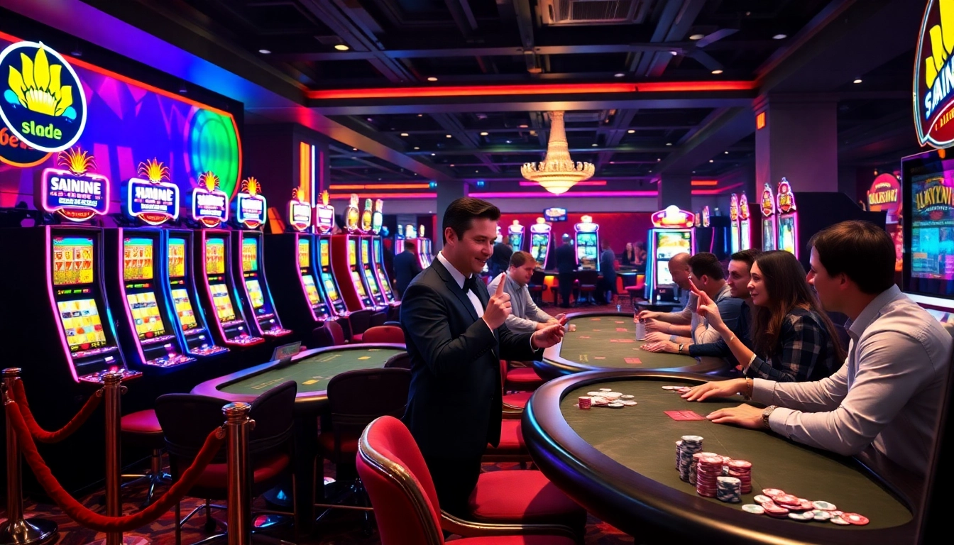 Exciting casino experience at Luckywin with poker tables and slot machines glowing.