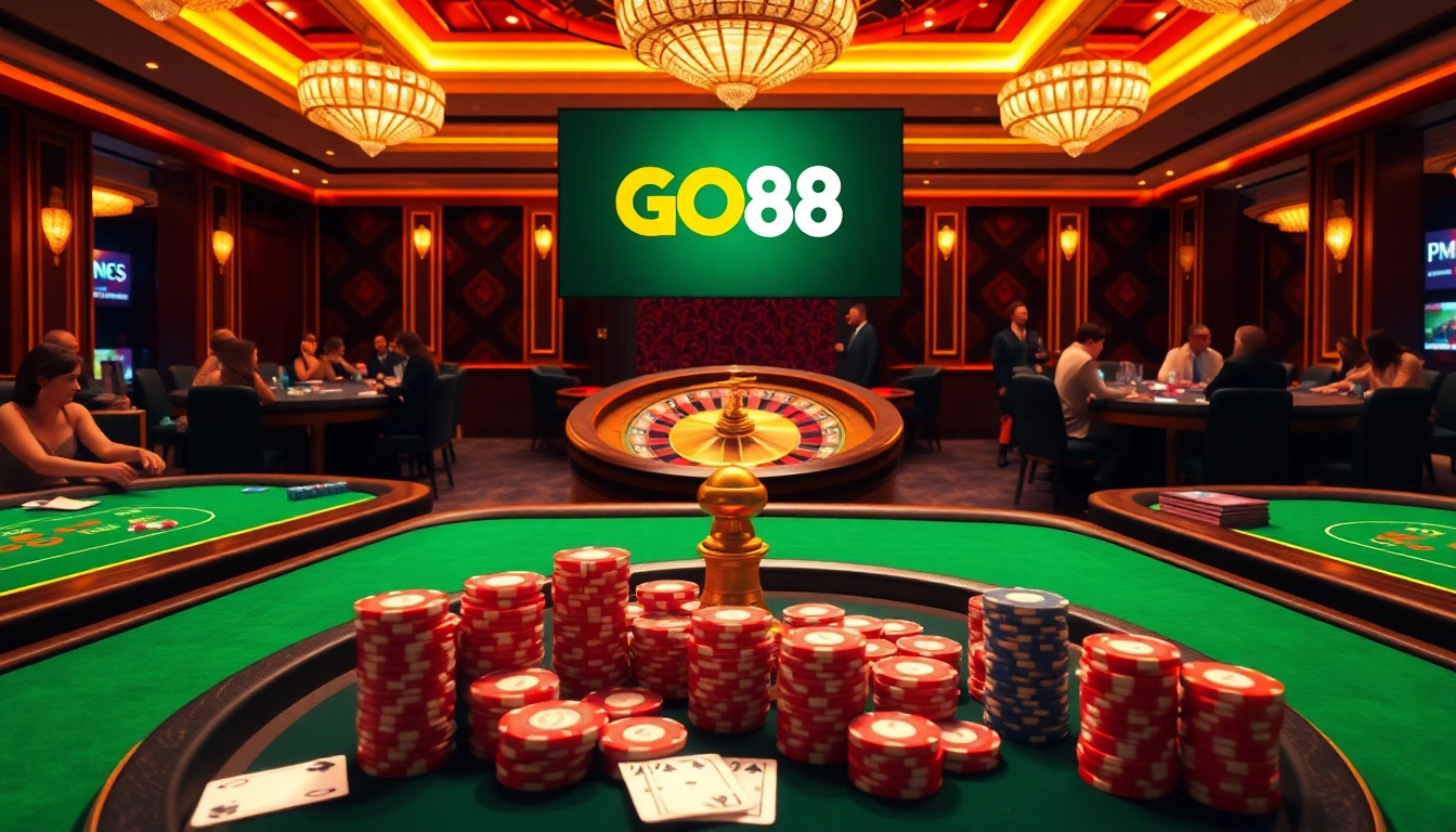 Experience the thrill of gambling at GO88 with vibrant casino tables and poker chips.