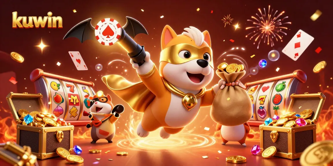Kuwin showcases a dynamic 3D illustration of a heroic dog flying with gold coins amidst casino-themed elements.