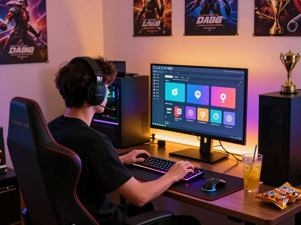 DA88 gaming setup with colorful online entertainment interface, RGB keyboard, and ambient lighting.