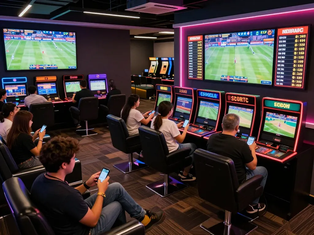 Exciting sports betting scene with patrons engaged on 188bet betting app and watching games.
