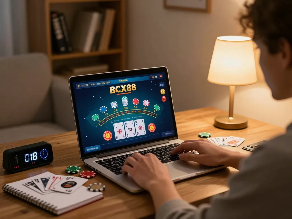 Engaged player strategizing in BCX88's online casino, cozy home setup showcasing blackjack.
