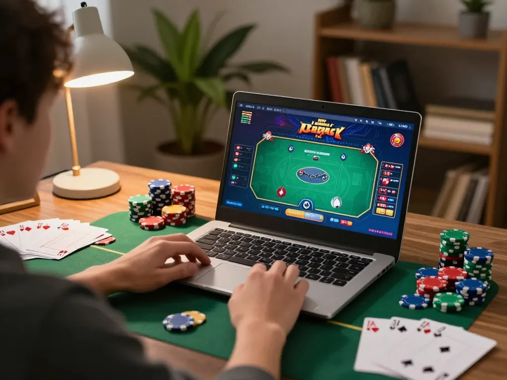 Engaging in online poker gameplay on 789win while analyzing strategy notes in a cozy home setup