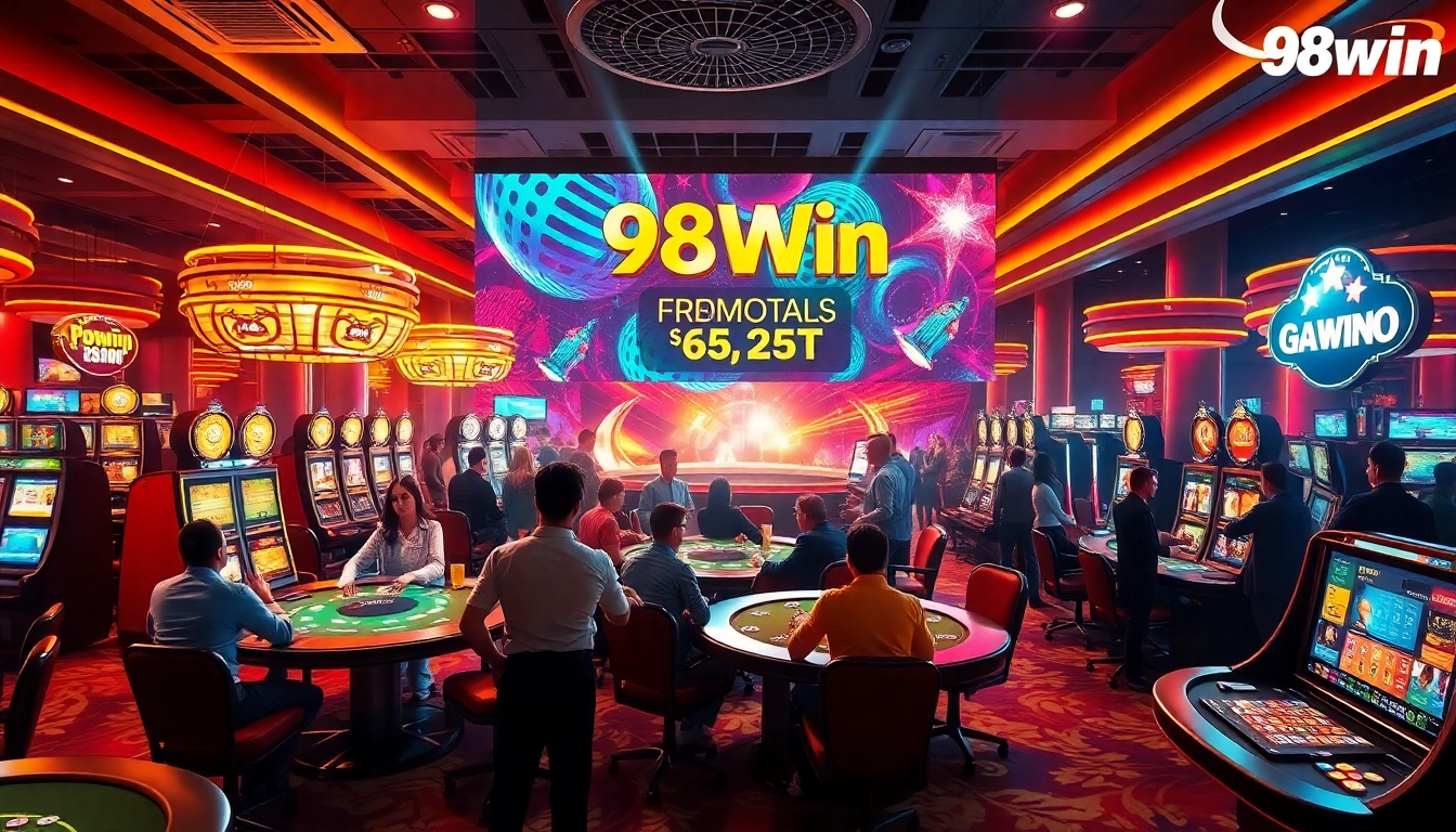Exciting casino atmosphere at 98win, showcasing vibrant gaming with players and dealers.