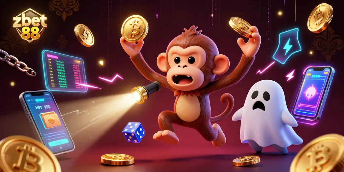 Engage with zbet 88 in this vibrant 3D scene of a mischievous monkey juggling golden casino items.