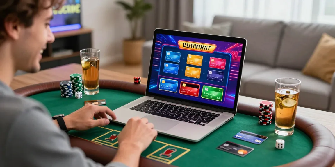 Engaged player with laptop exploring exciting credit card casino games at a stylish gaming setup.