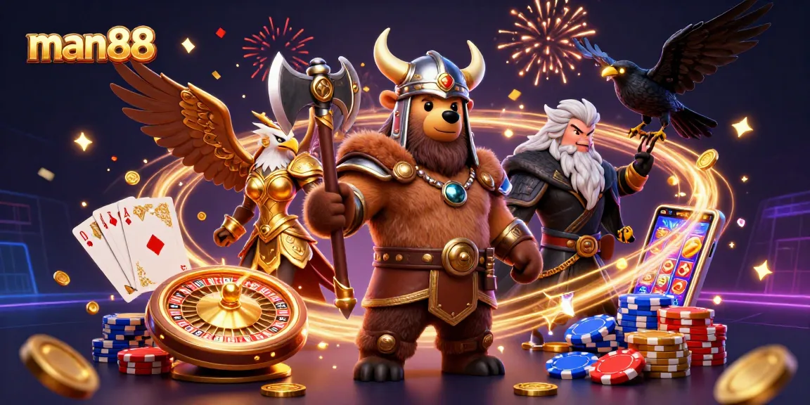 Engage with excitement at man88, showcasing a Viking bear and Valkyrie eagle amidst dazzling casino visuals.