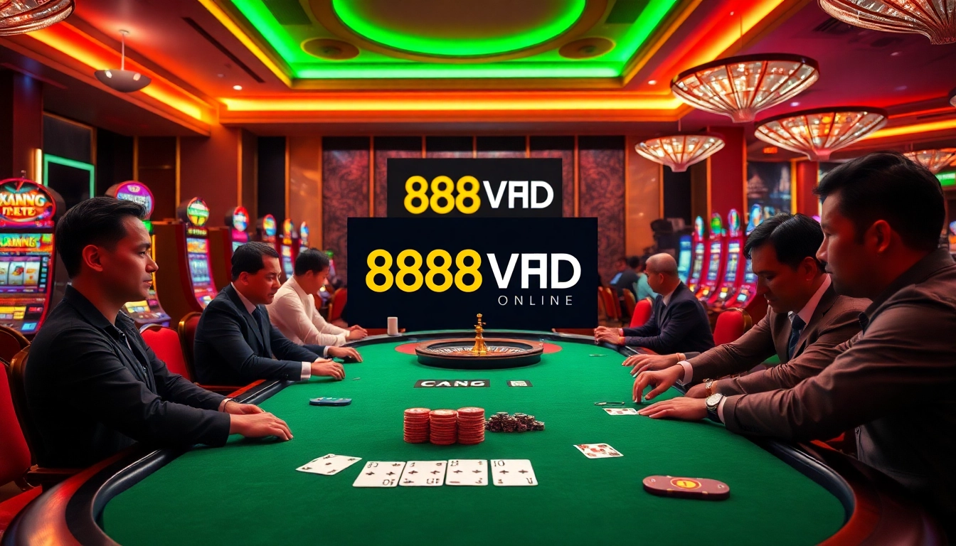Intense poker action at a vibrant casino table with 888VND branding.