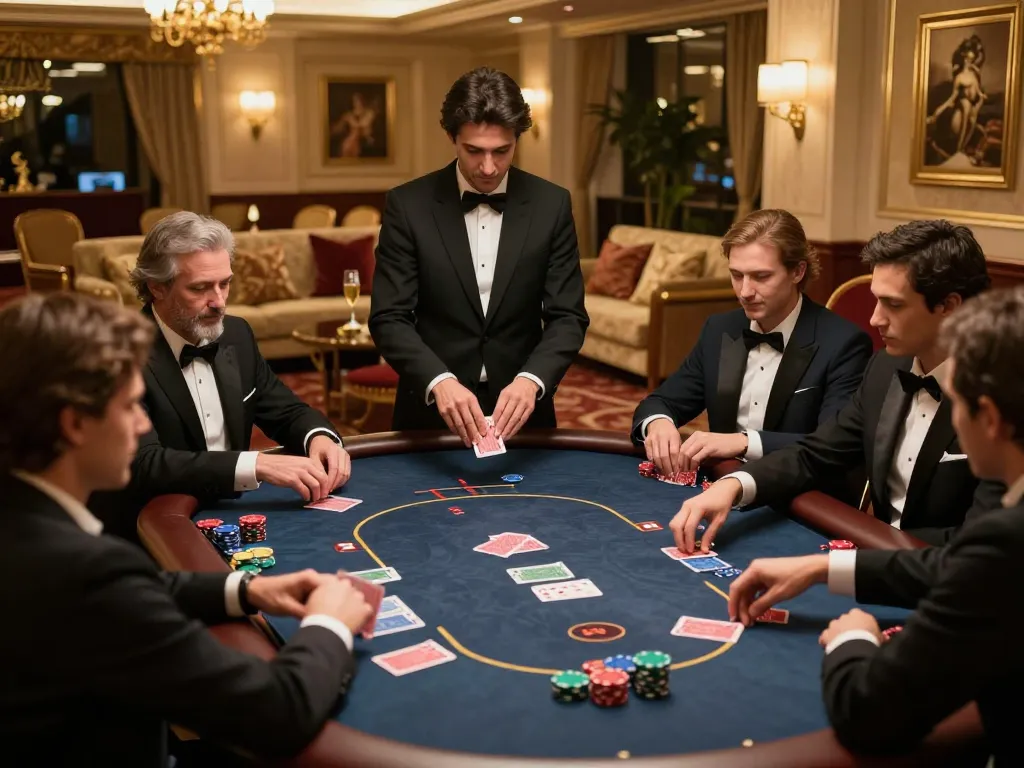 Players enjoying high-stakes poker at a luxurious Twin68 VIP game room with elegant decor