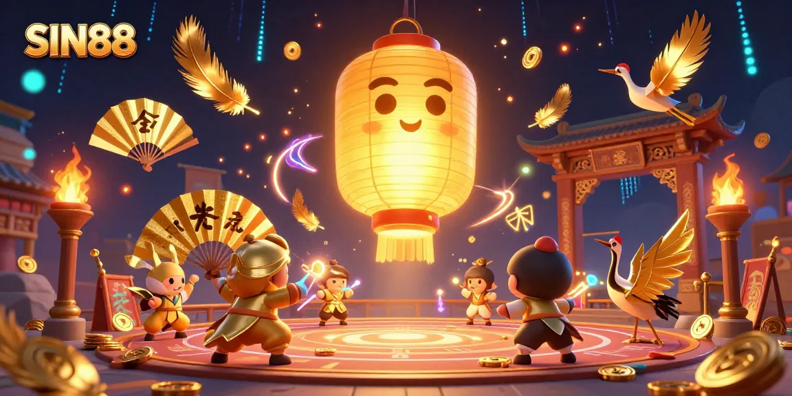 SIN88 offers thrilling gaming with a giant lantern spirit and warriors at a night market casino.