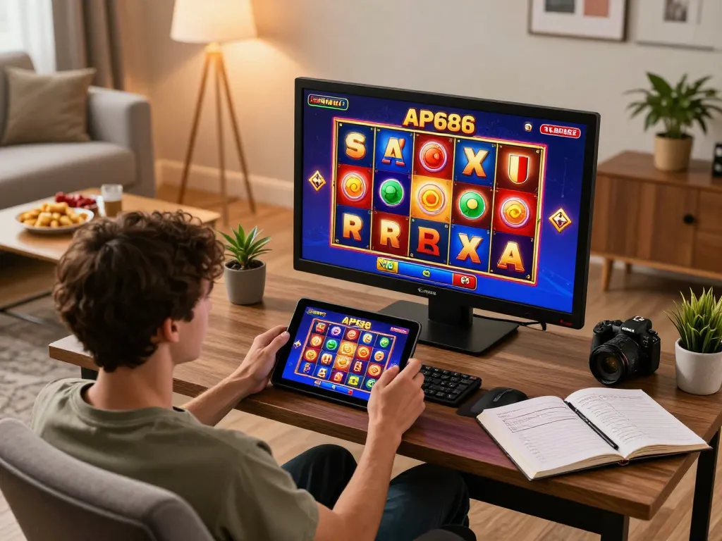 Pemain menikmati slot online di platform AP686 dalam suasana rumah yang nyaman, menunjukkan perjudian mobile.