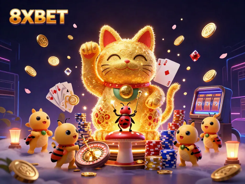 Experience thrilling wins with 8XBET's vibrant casino symbols and lucky cat illustration.