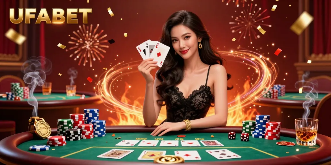 Play exciting games at UFABET, featuring an elegant Asian woman with cards and vibrant casino elements.