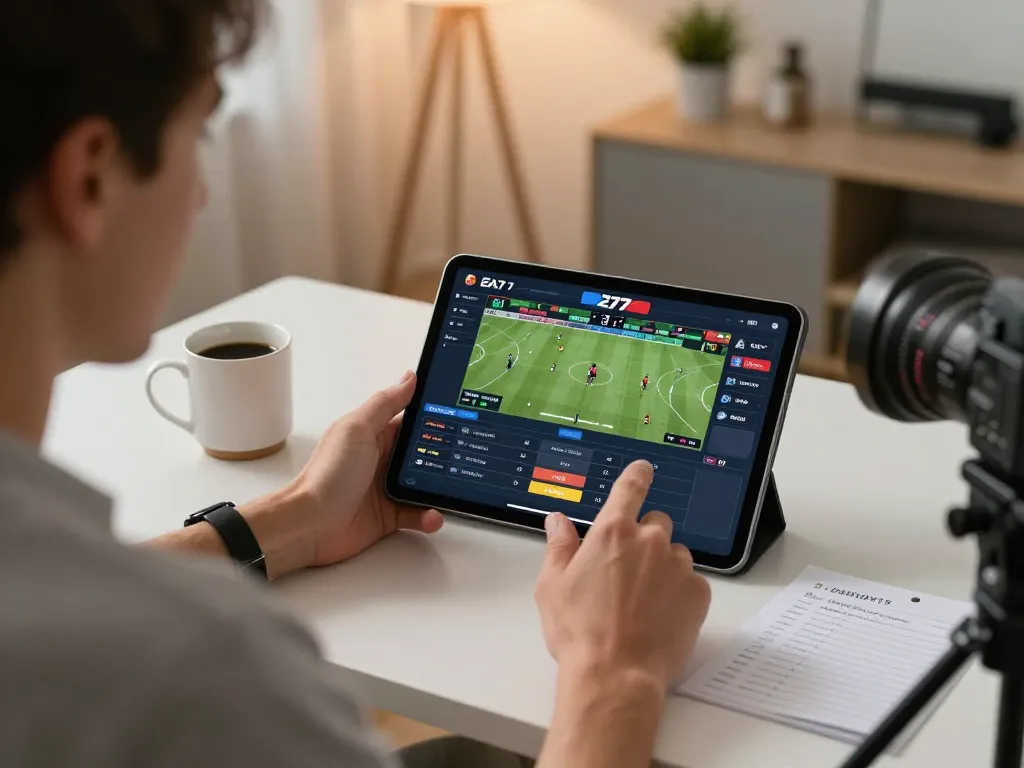 Engaged player using EA77 for sports betting on tablet in a cozy home office setting