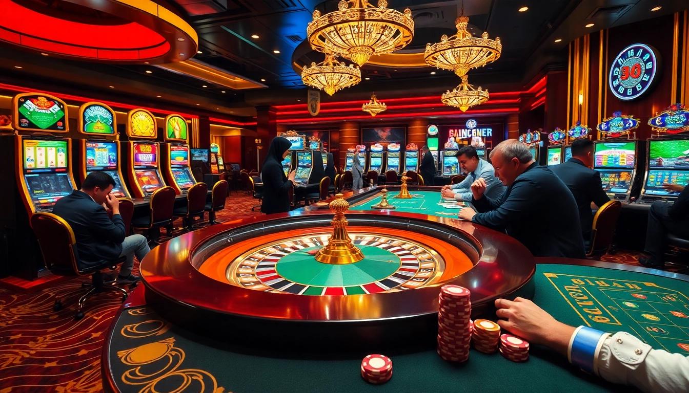 8kbet players enjoying vibrant casino atmosphere with roulette and slot machines.