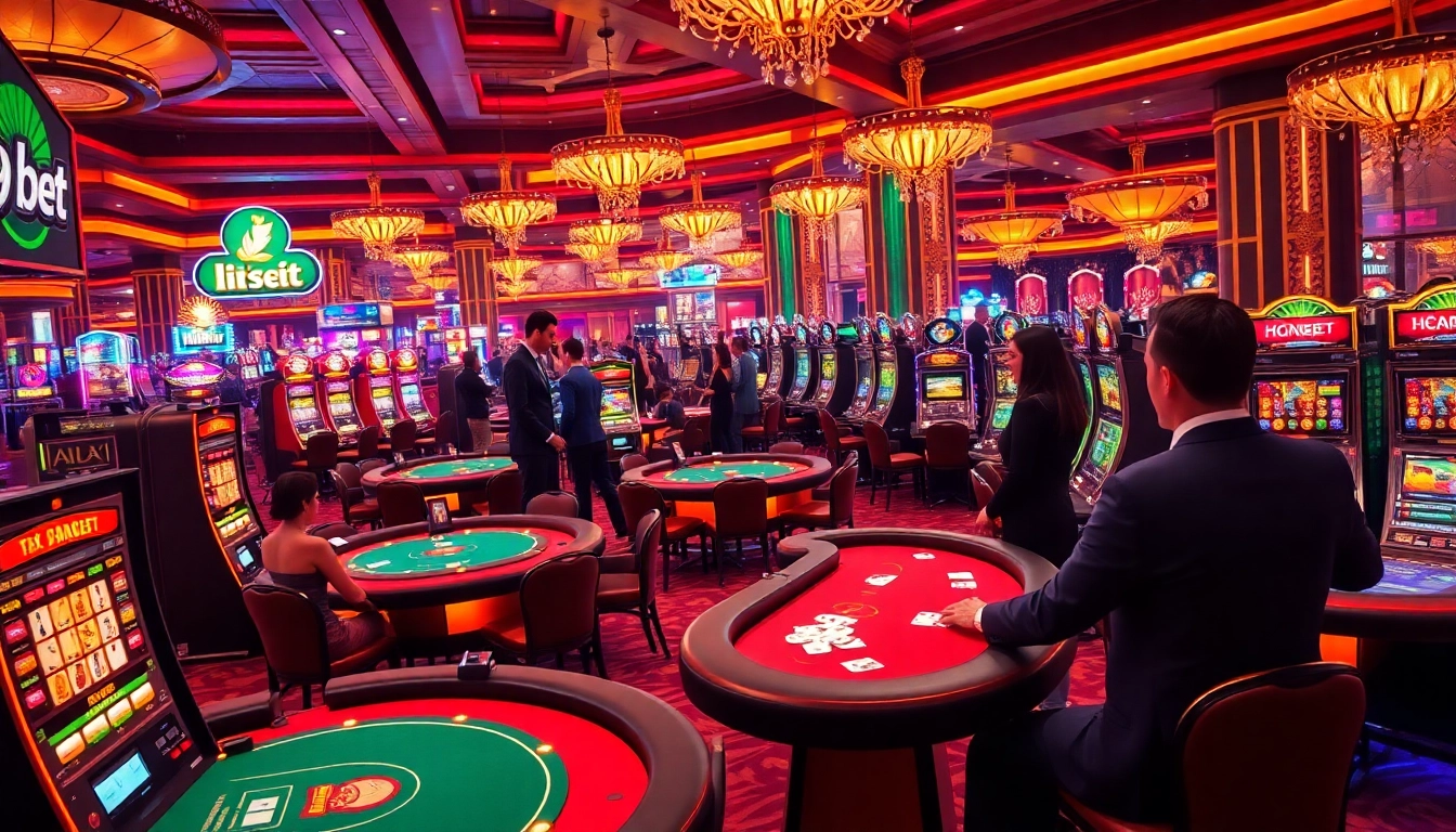 i9bet players enjoying a luxurious casino experience with vibrant tables and slot machines.