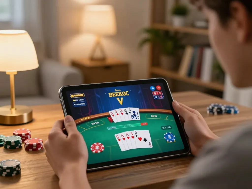 Engaged user playing poker online at Au88 on a tablet in a cozy living room setting.