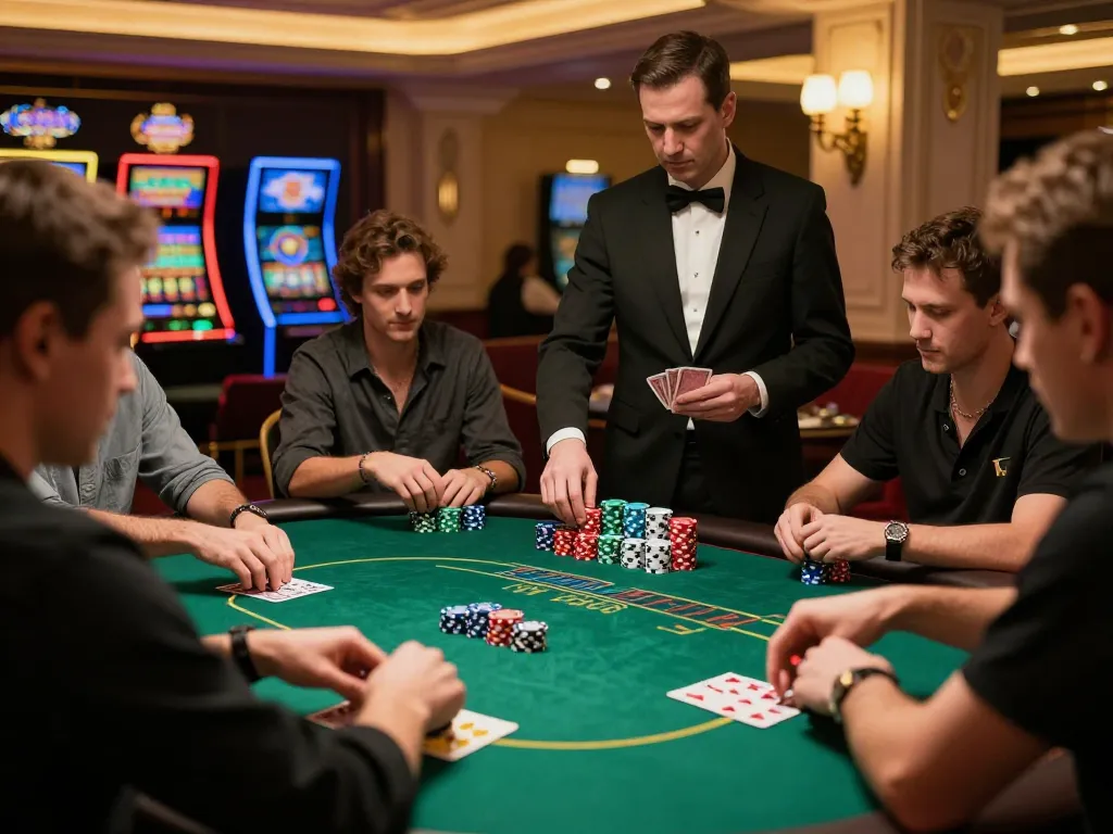Players strategizing at the VIPWIN2 poker table in an upscale casino, showcasing detailed gameplay and atmosphere.