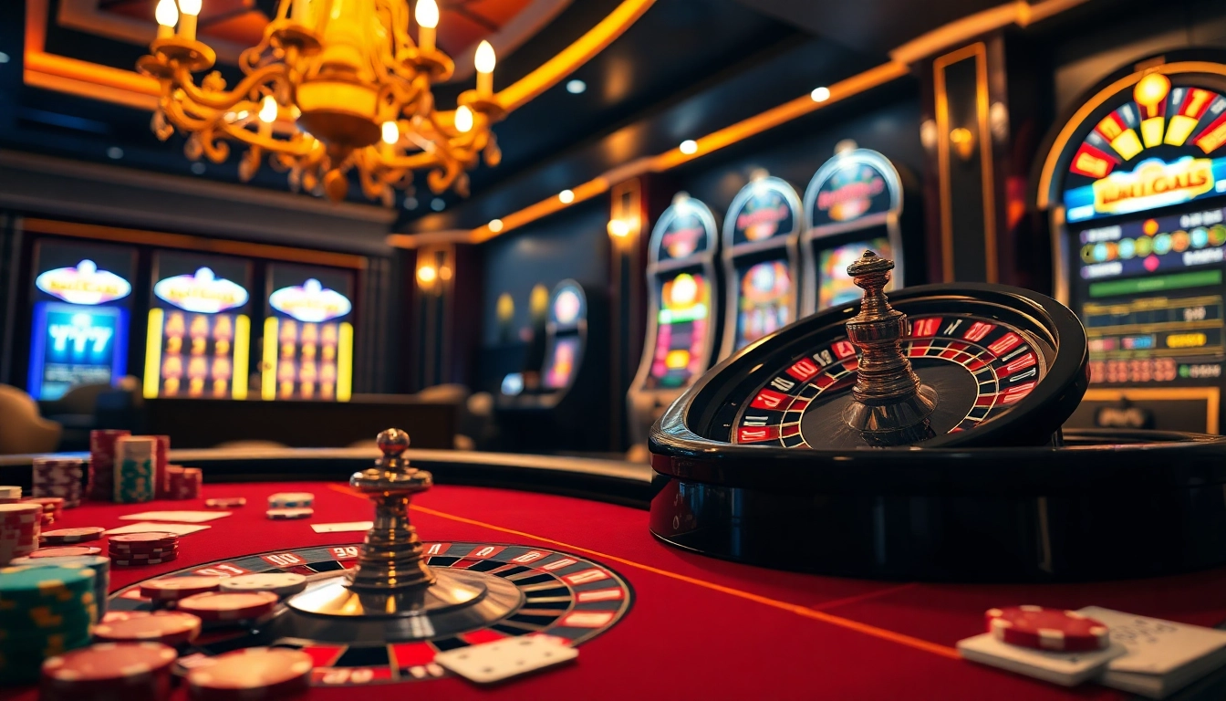 Experience the thrill of gaming at https://hbbet4.art/ with a luxurious casino scene featuring poker chips and a dynamic roulette wheel.