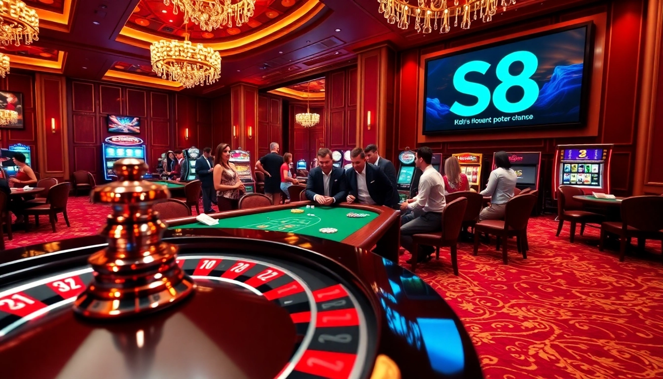 S8 casino players engaged in an exhilarating roulette game in a lavish setting.