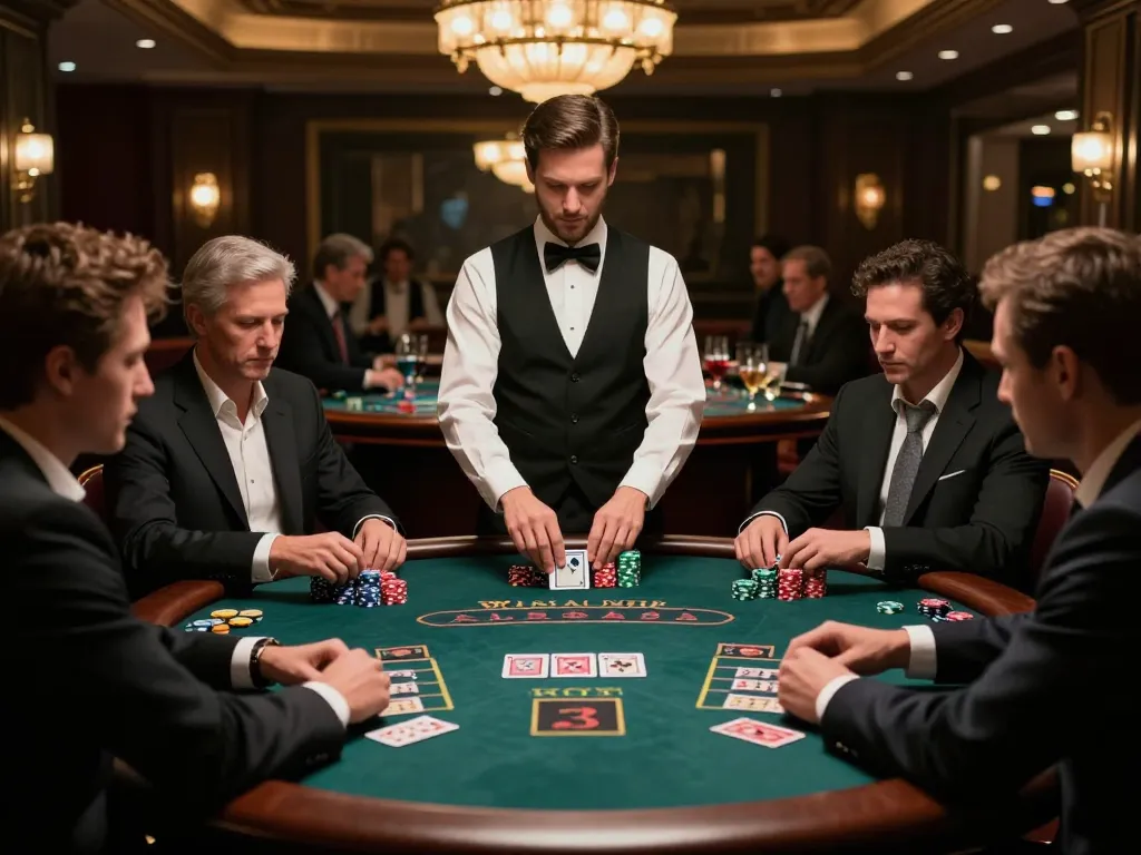Players engaging with 79KING blackjack table in upscale casino, showcasing strategy and excitement.