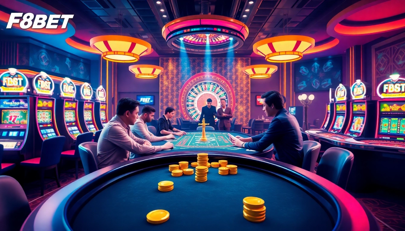 Players enjoying an exciting game at F8BET casino, showcasing vibrant slot machines and poker gameplay.