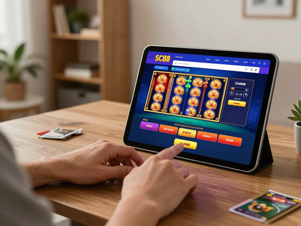 Player immersing in SC88 online casino app gameplay on tablet, showcasing vibrant slots.