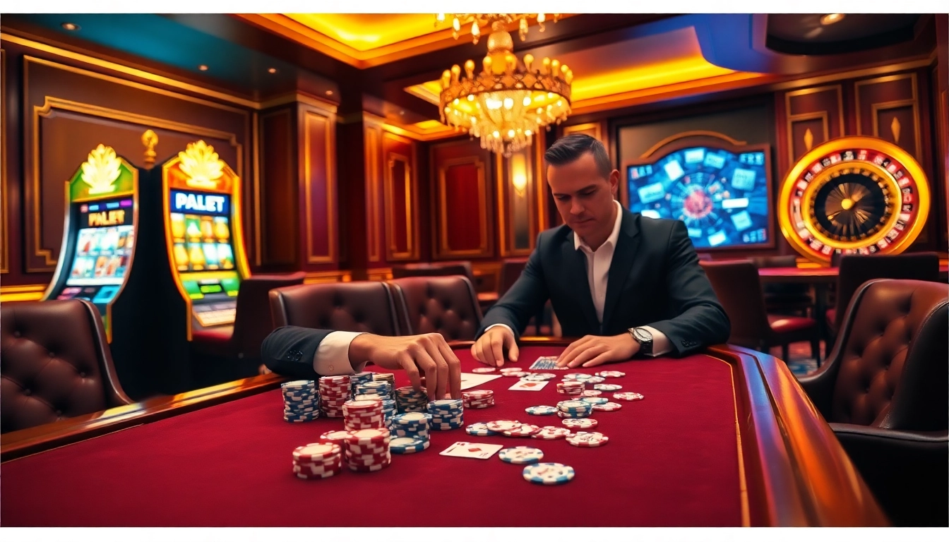 Intense poker action at Xin88 casino with vibrant chips and a spinning roulette wheel.