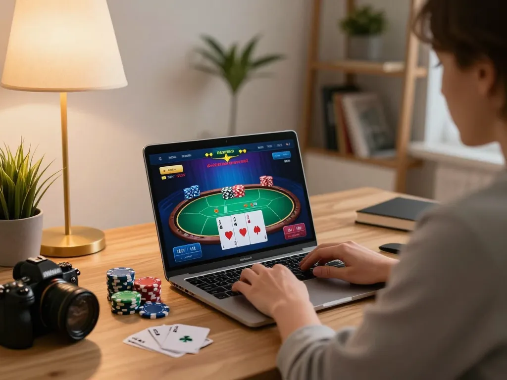 Person engaging in online poker gaming at home, featuring mb66 gaming setup with vibrant interface.