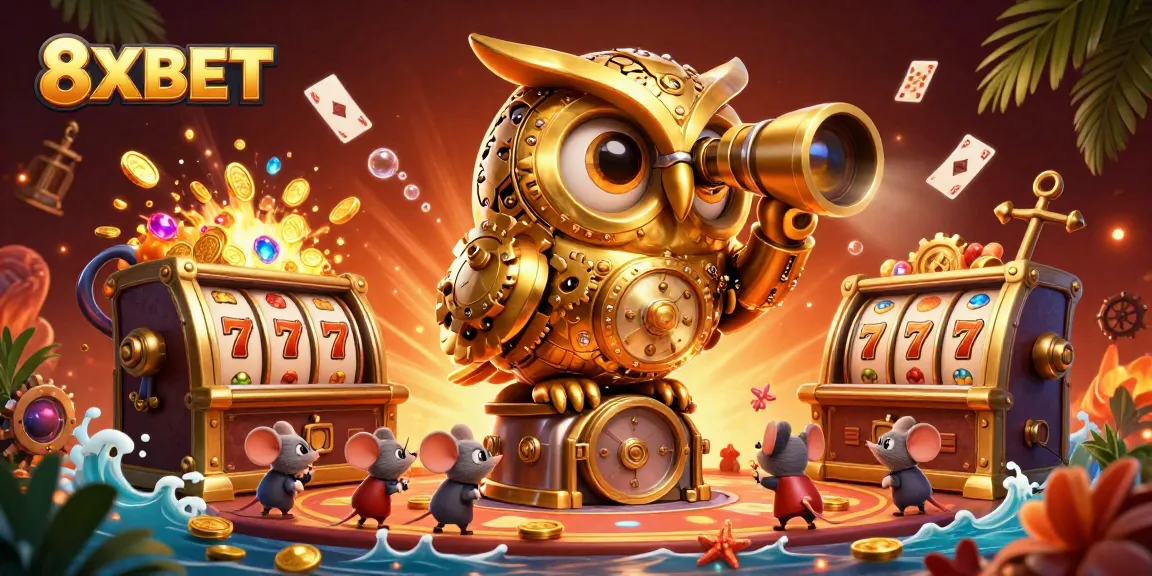 Experience the thrill at 8XBET with a golden owl scanning a vibrant casino scene filled with excitement.