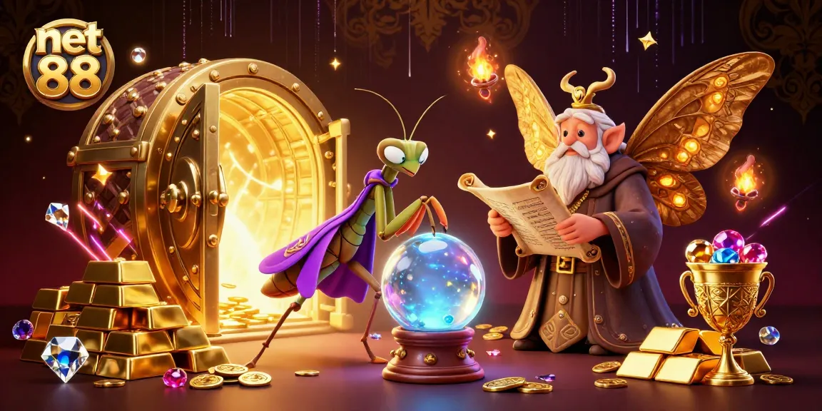 Engage with net 88's mystical fortune teller scene filled with treasures and magical elements in an enchanting casino.