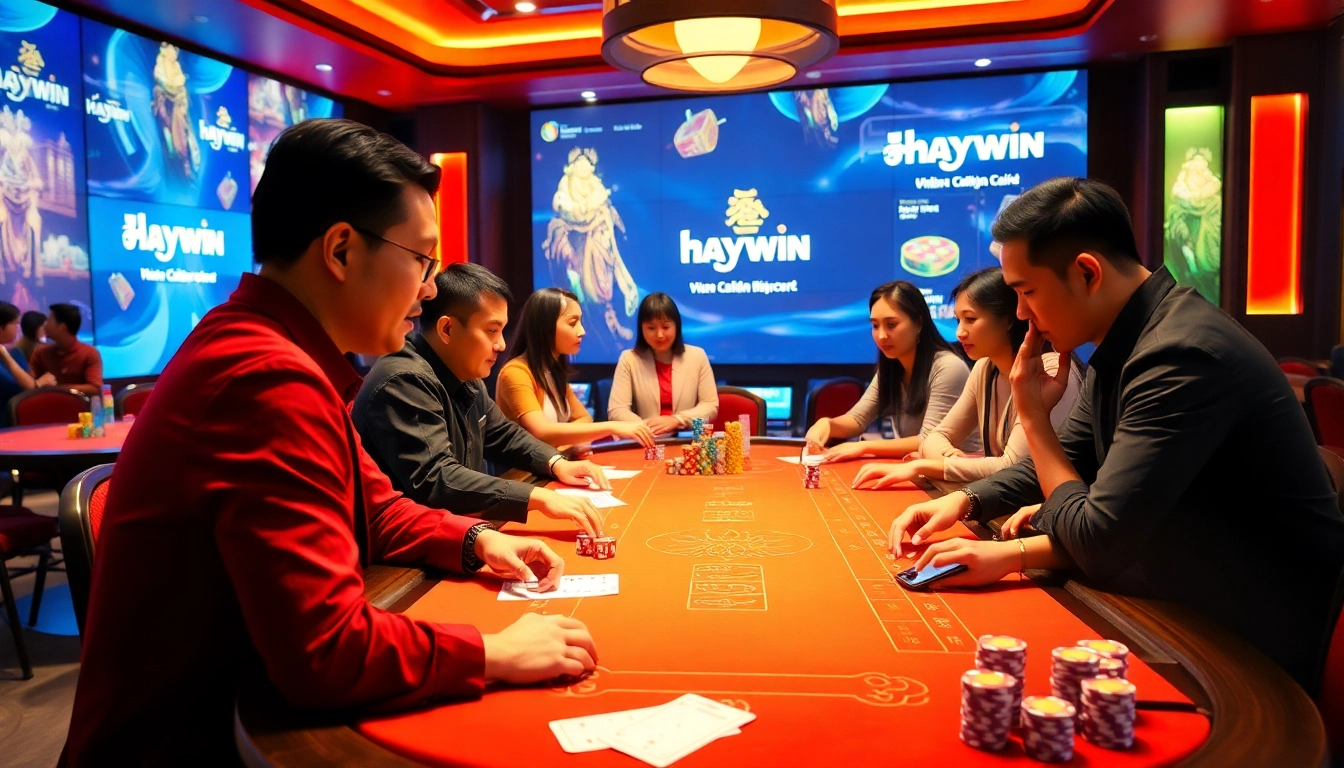 Players engaged in an exciting Tài Xỉu game at Haywin casino, surrounded by colorful chips and dice.