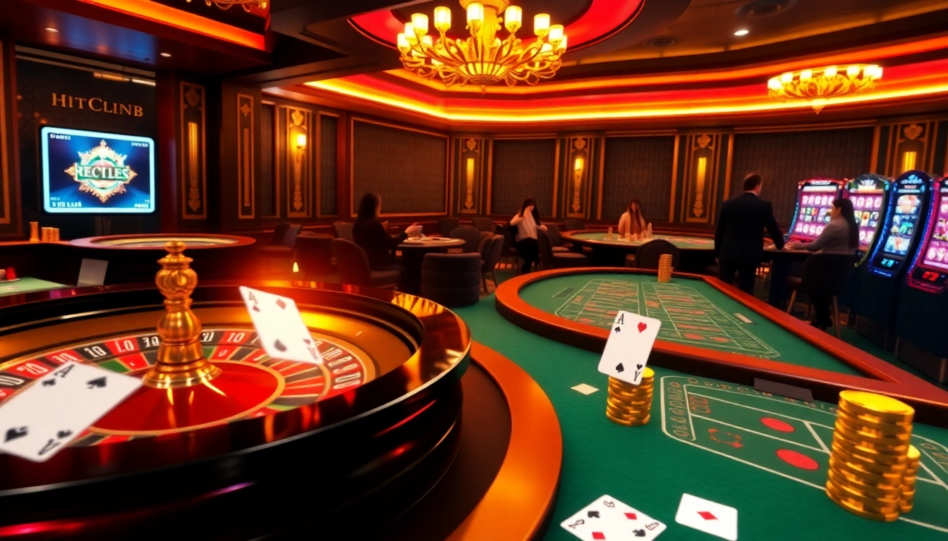 HitClub players engaging in an exciting online gambling session with poker chips and roulette.