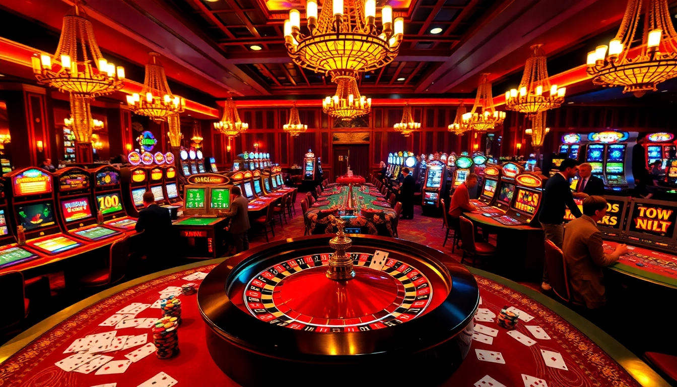 Experience the thrill of winning with 98win at a luxurious casino, featuring vibrant tables and slot machines.
