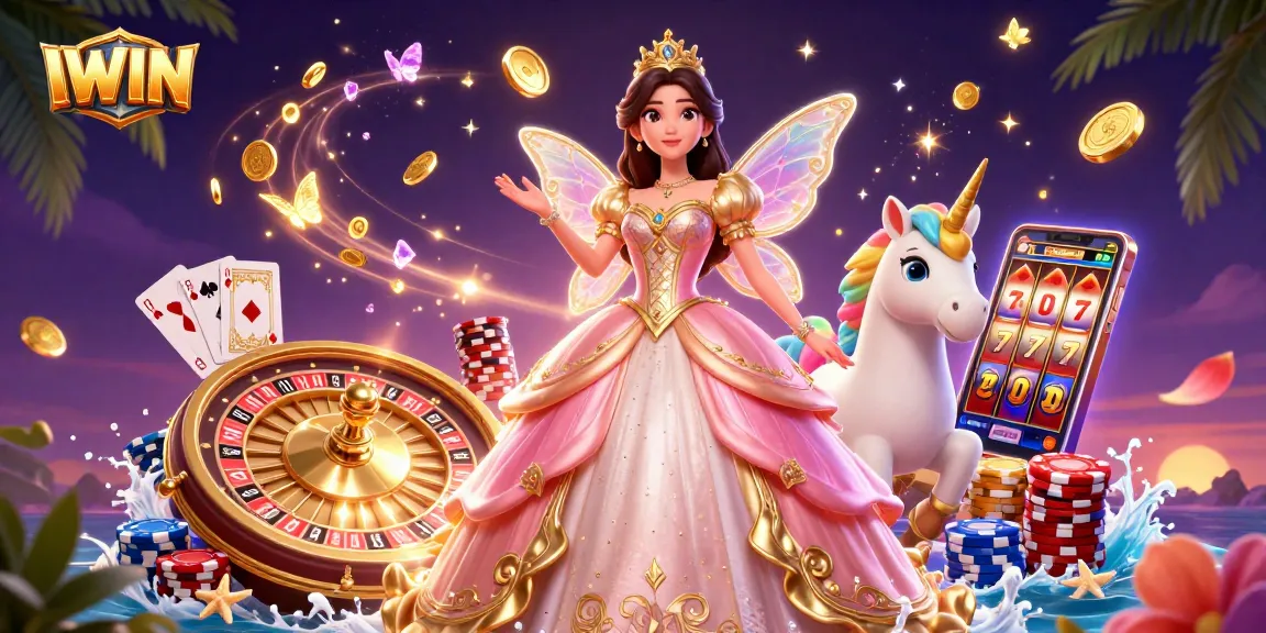 Experience the thrill at IWIN with glamorous casino scene filled with golden coins, cards, and a unique fairy tale aesthetic.