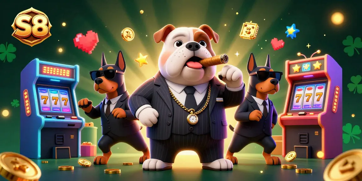 S8's thrilling casino experience illustrated with a gangster bulldog and dynamic gaming elements promoting slot games.