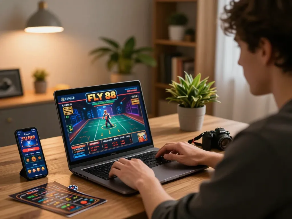 Player engaging with FLY 88 online games on a laptop, showcasing a cozy home gaming atmosphere.