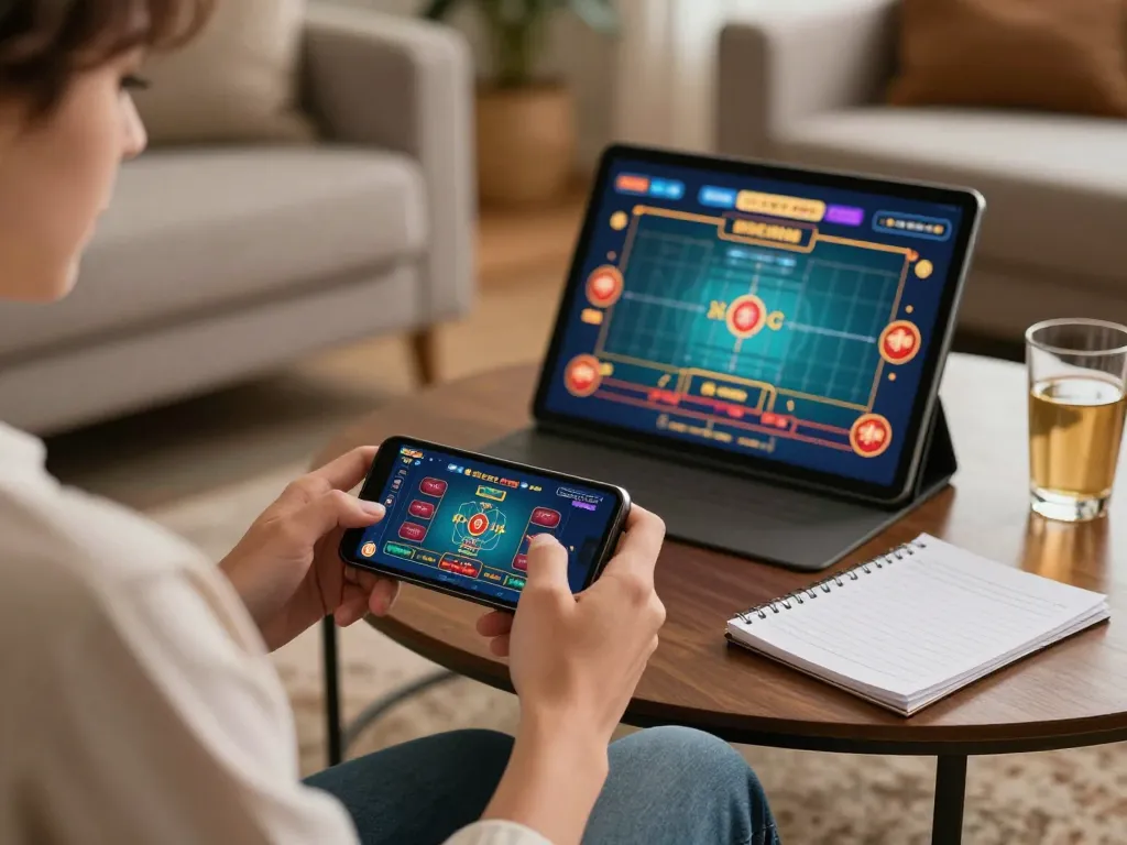 Player enjoying online gambling at nhà cái jun88 in a cozy living room setting.