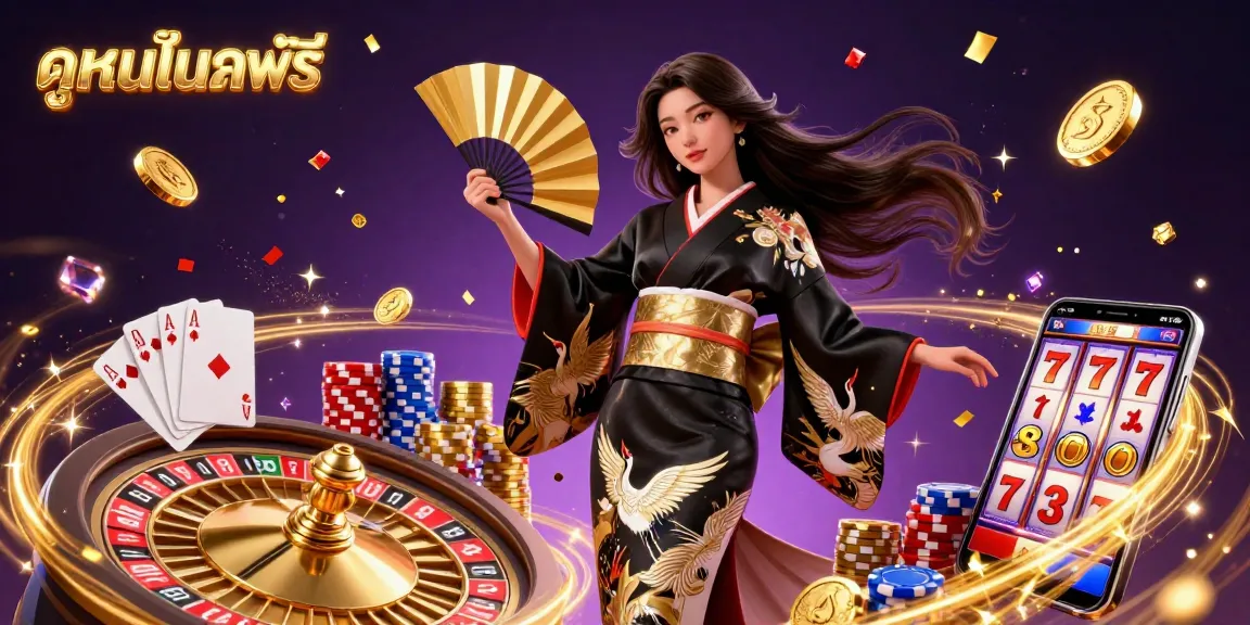Experience ดูหนังออนไลน์ฟรี as you enjoy a captivating scene with golden coins, a roulette wheel, and royal flush cards amidst vibrant celebrations.