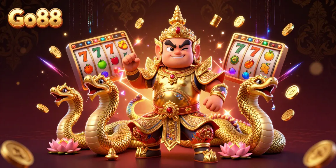 Engage in thrilling casino adventures with Go88, featuring vibrant slot reels and stunning temple guardians.