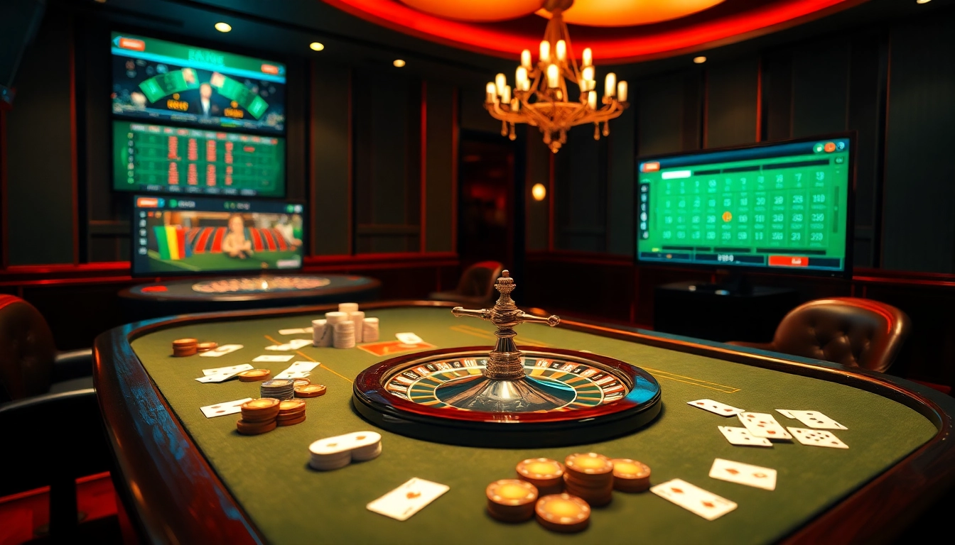 Experience the vibrancy of F168 casino with roulette and poker action in a luxurious setting.