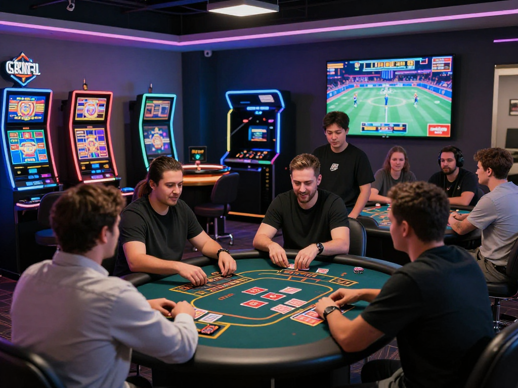 Engaging scene at a crypto casino with diverse players enjoying digital games, showcasing the modern gambling experience.
