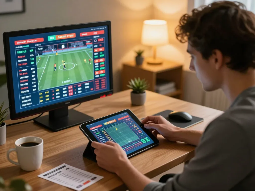 lv88 player analyzing sports odds on tablet while betting online at home