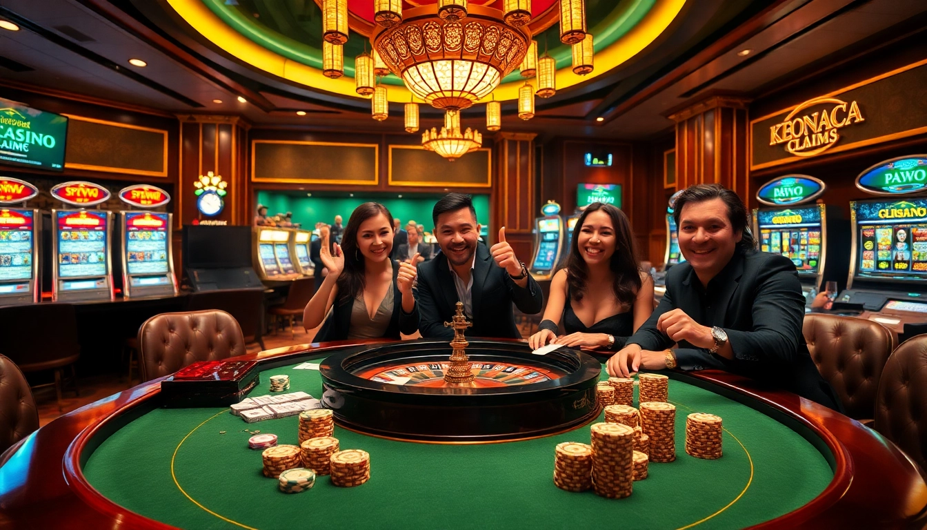Excited players engaging in a lavish casino scene showcasing keonhacai.claims betting strategy.