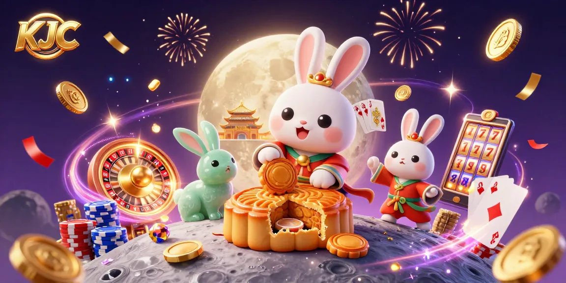 KJC moon rabbit casino scene with poker chips and golden coins flying in action