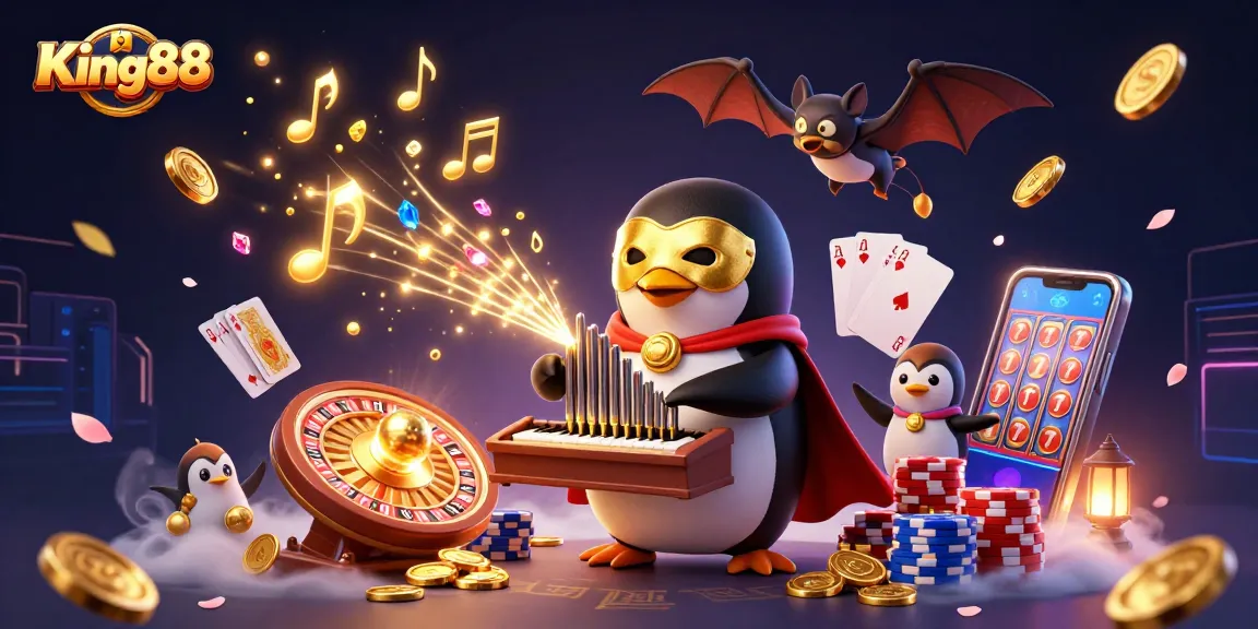 Experience thrilling gameplay with King88 as a whimsical penguin orchestrates a fun casino scene.