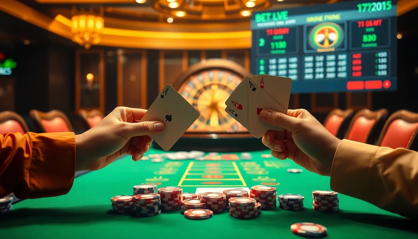 Kèo nhà cái 5 betting excitement showcased with poker chips and cards in a vibrant casino setting.